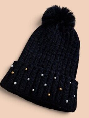 Marcus Adler Black Knit Beanie with Pom Pom & Multicolored Beads